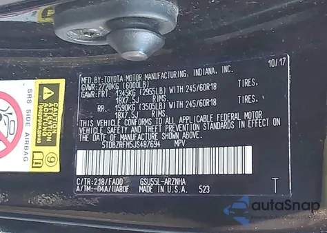 2018 Toyota Highlander Le Plus from USA, damaged, VIN 5TDBZRFH5JS487694